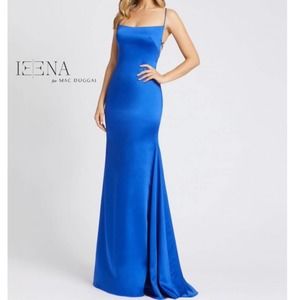 Ieena for Mac Duggal 26268i Lace-Up Back Royal Blue Satin Dress